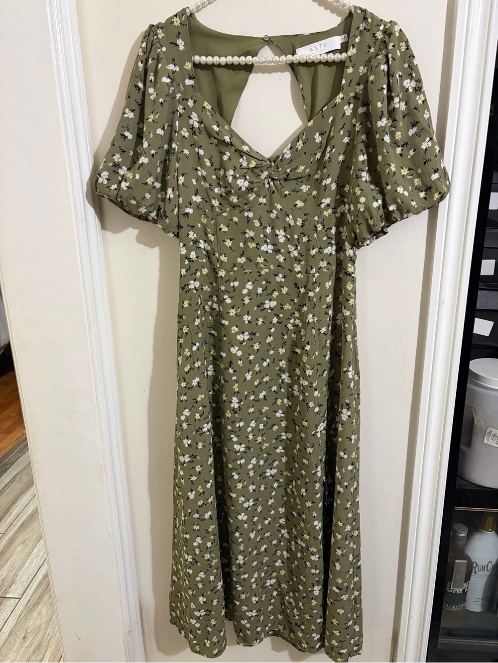 Astr Olive Green Floral Midi Dress with Puff Sleeves